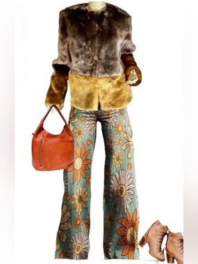 NEW LOOK BROWN AND YELLOW COLOR BLOCK FAUX FUR JACKET (M)